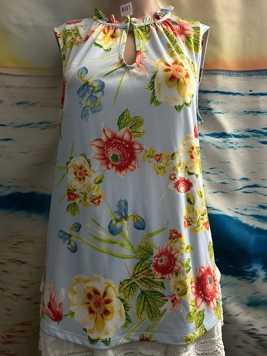 New York & Company Tops - New York. & Co 7th Avenue Keyhole Floral Sleeveless Blouse Blue & Yellow LG